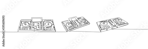 Dj console set one line art. Continuous line drawing of disc, play, nightlife, techno, vinyl, dj, music, mixer, console, party, turntable, audio, panel, dance, disco, volume, record, control, mix