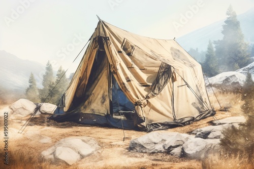 Mountain tent in watercolor style. Generative AI