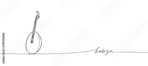 Kobza one line art. Continuous line drawing of music, instrument, folk, musical, ukrainian, culture, acoustic, ethnic, lute, kobza, mandolin, string with an inscription, lettering, handwritten.