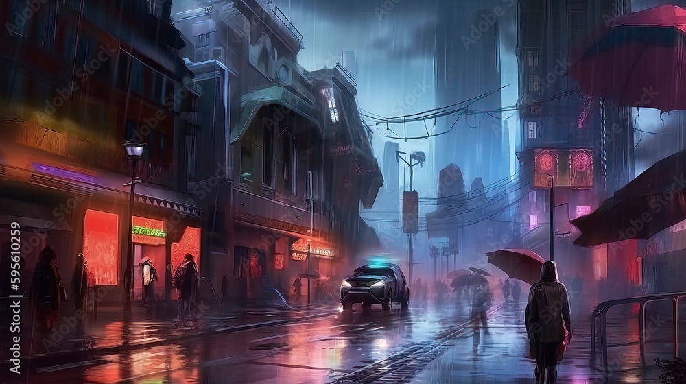 Obraz premium Science Fiction Futuristic Cyberpunk Neon Night City Street illustration Concept. generative Ai
