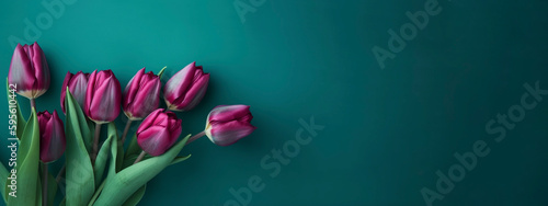 Magenta tulips on teal background, created with generative AI