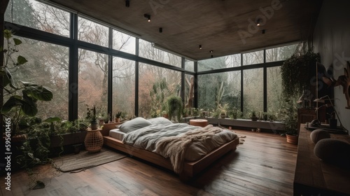 Enchanting Bedroom with Indoor Garden, Bed in the Middle, Unique Nature-Inspired Interior, Serene Oasis, Generative AI Illustration

