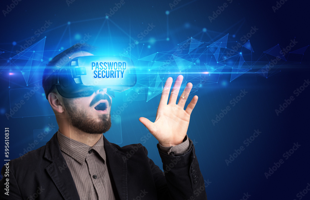 Businessman looking through Virtual Reality glasses, virtual security concept Businessman looking through Virtual Reality glasses, virtual security concept
