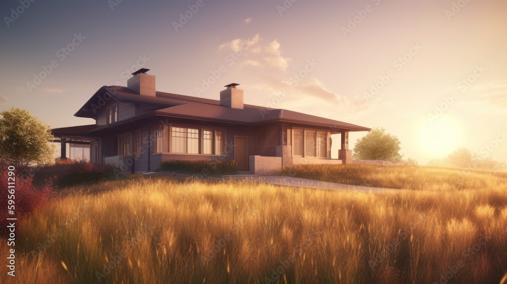 Prairie exterior house design in daytime golden hour generative ai