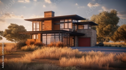 Prairie exterior house design in daytime golden hour generative ai © Hixel