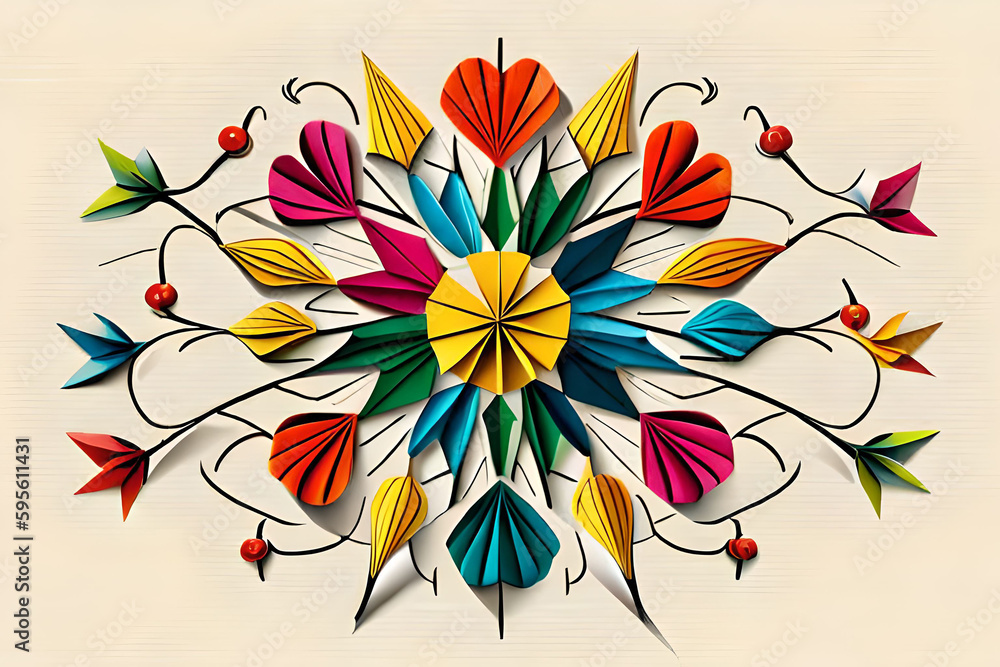 colorful origami paper cranes or flowers, arranged in a circle or heart shape, with a plain background