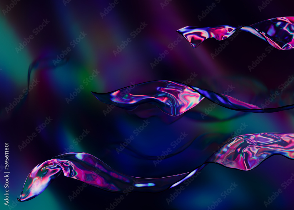 Obraz premium Neon abstract background of liquid glass waves with dispersion. 3d rendering illustration.