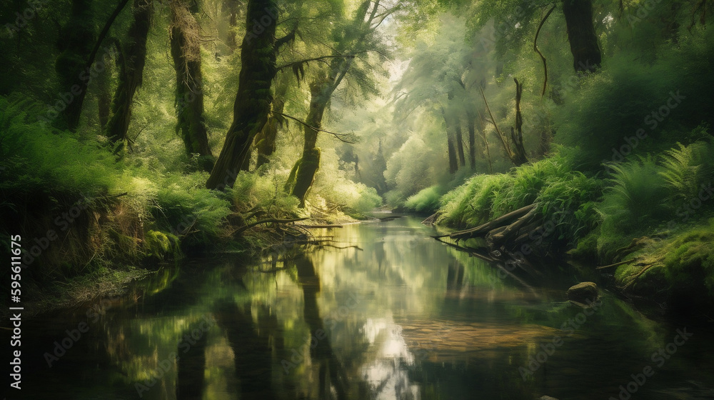 A peaceful river flowing through a lush forest, AI Generated Image A peaceful river flowing through a lush forest, AI Generated Image