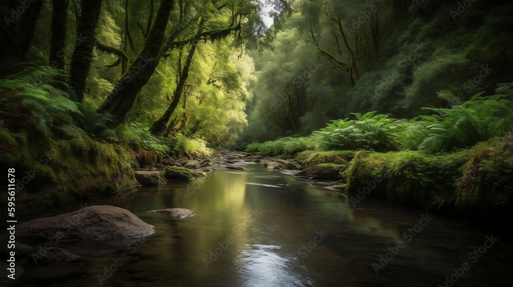 A peaceful river  flowing through a lush forest, AI Generated Image