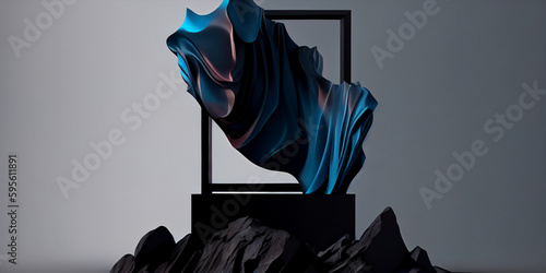 Background with  black stone, frame and abstract shapes, cloth in motion. 3d render  photo