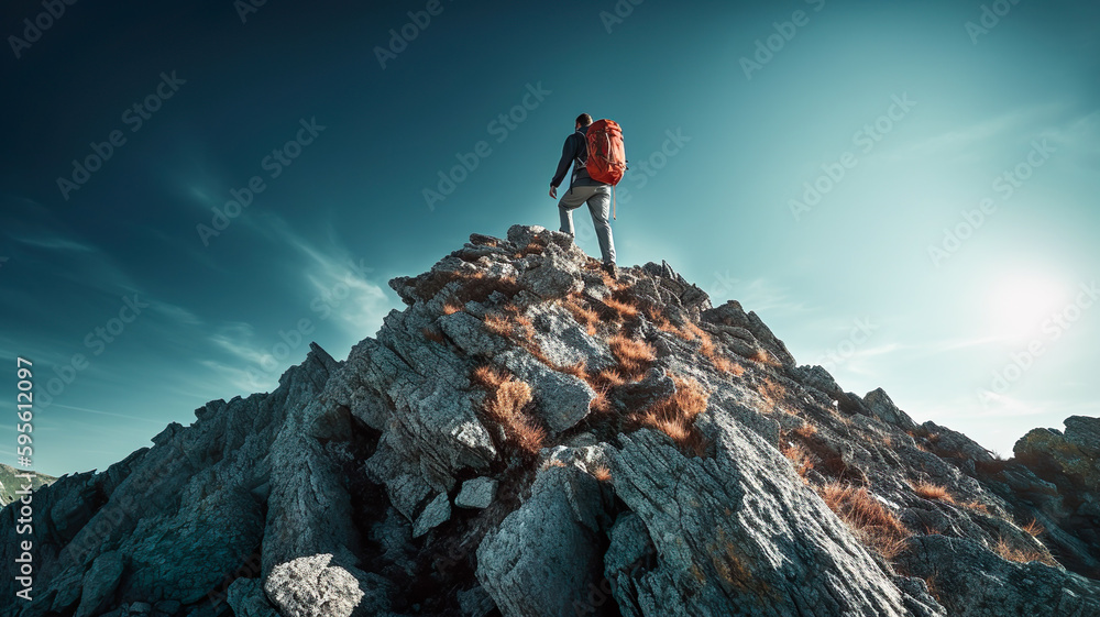 Goal to success for level up with person climbing on route slope to mountain peak.human performance limit concepts.growth mindset and motivation.generative ai technology