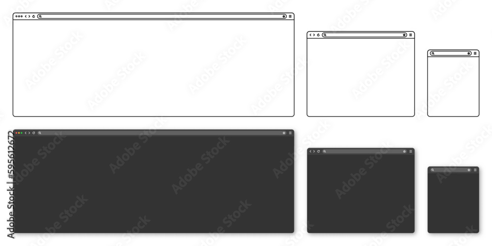 Blank web browser, internet page window with toolbar and search field. Modern website in flat style, line art. Browser mockup for computer, tablet and smartphone. Vector illustration Blank web browser, internet page window with toolbar and search field. Modern website in flat style, line art. Browser mockup for computer, tablet and smartphone. Vector illustration