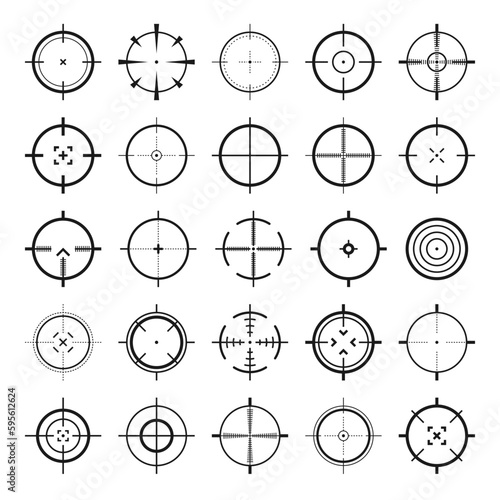 Crosshair, gun sight vector icons. Bullseye, black target or aim symbol. Military rifle scope, shooting mark sign. Targeting, aiming for a shot. Archery, hunting and sports shooting. Game UI element.