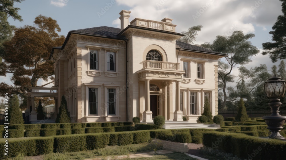 Italianate house exterior house design in daytime golden hour generative ai Italianate house exterior house design in daytime golden hour generative ai