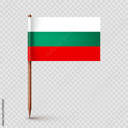 Bulgarian toothpick flag. Souvenir from Bulgaria. Wooden toothpick with paper flag. Location mark, map pointer. Blank mockup for advertising and promotions. Vector illustration