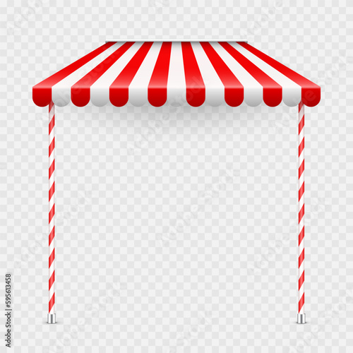 Red shop sunshade with stand holders. Realistic striped cafe awning. Outdoor market tent. Roof canopy. Summer street store. Vector illustration