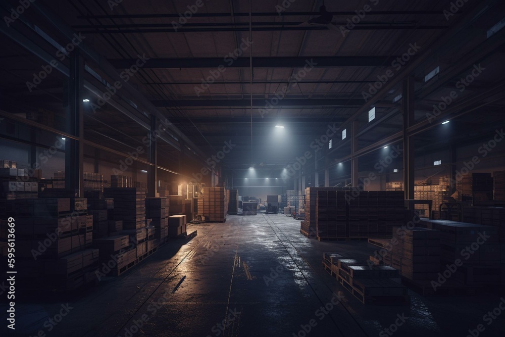 A 3D rendering of a warehouse interior with a night sky visible through windows. Generative AI
