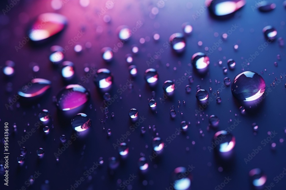 Glossy banner with water droplets on purple and blue background. Ample copy-space. Generative AI