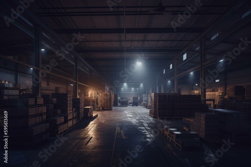 A 3D rendering of a warehouse interior with a night sky visible through windows. Generative AI