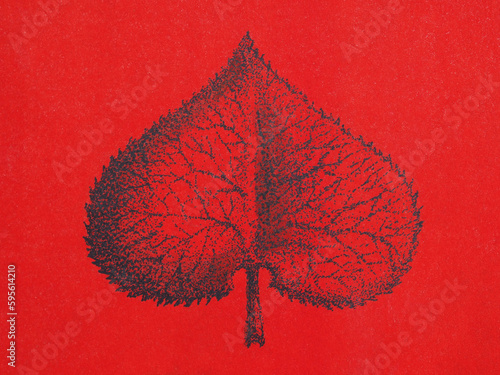 Tree leaf on red background. Nature protection and environmental problems. Graphic drawing