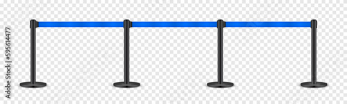 Realistic blue retractable belt stanchion. Crowd control barrier posts with caution strap. Queue lines. Restriction border and danger tape. Attention, warning sign. Vector illustration