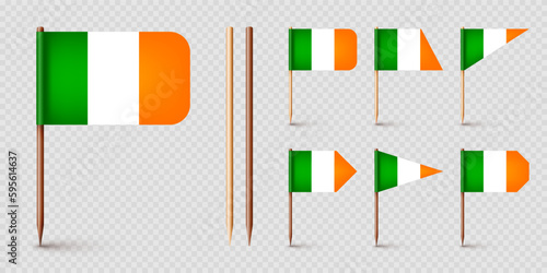 Realistic various Irish toothpick flags. Souvenir from Ireland. Wooden toothpicks with paper flag. Location mark, map pointer. Blank mockup for advertising and promotions. Vector illustration