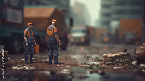 minifigures Workers of the city municipal waste collector in overalls clean up the garbage on the streets of the city.Generative AI