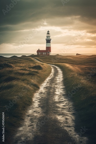 North Sea costal view with an endless road and a lighthouse during stormy weather