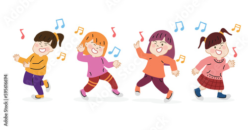 Set happy cute kids girl dance together. Cartoon hand drawn character vector isolated on white background.