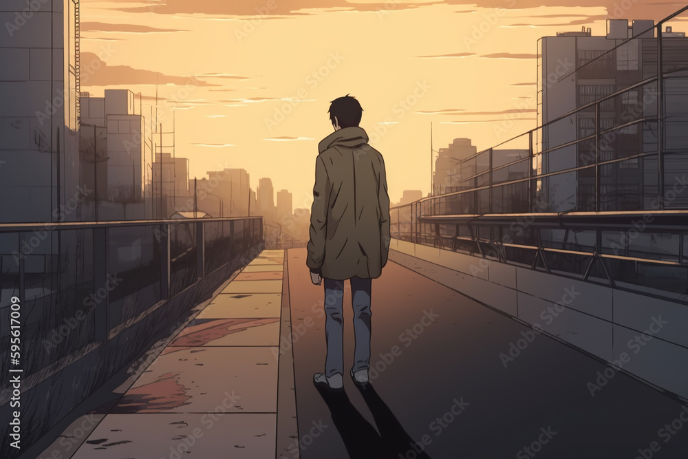 Sad anime guy walking alone on city street. Stock Illustration | Adobe ...