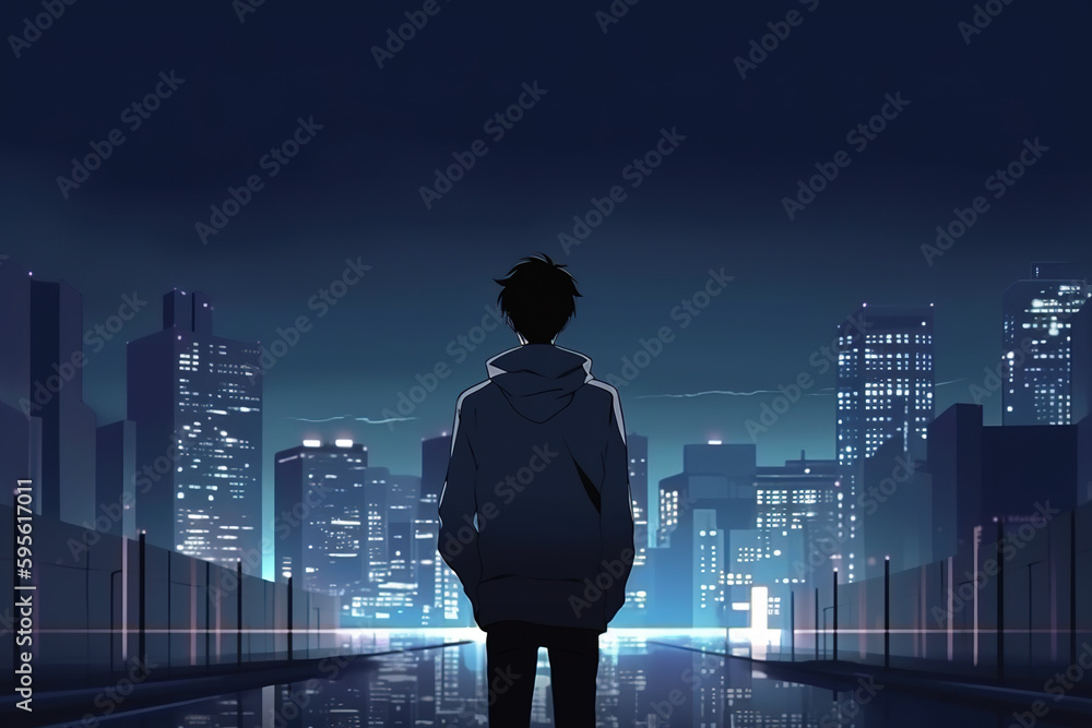 Fototapeta premium Sad anime guy walking alone on city street.