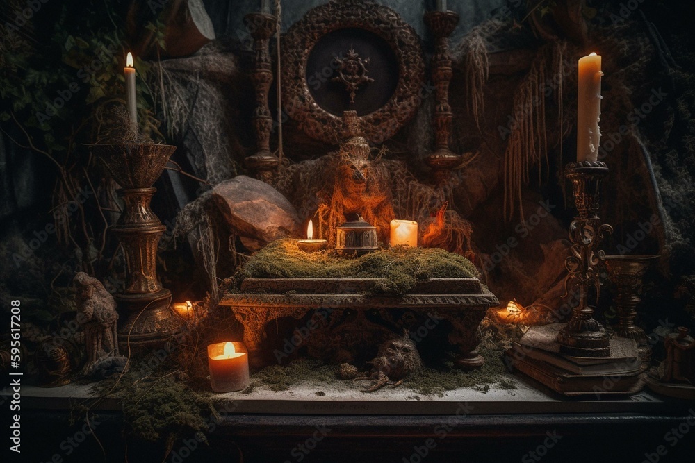 Fantasy ritual altar with enchanting atmosphere. Generative AI