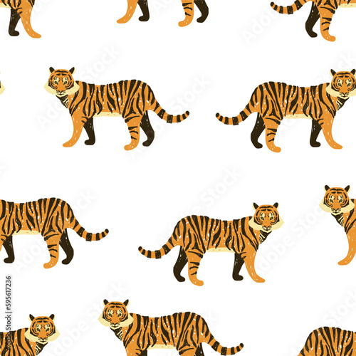 Seamless vector pattern of tiger drawn in primitive style