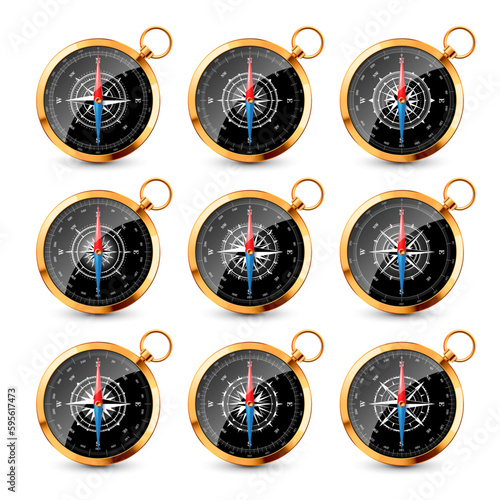 Vintage compass, marine wind rose with cardinal directions of North, East, South, West. Realistic golden navigational compass, shiny metal. Cartography and navigation. Vector illustration
