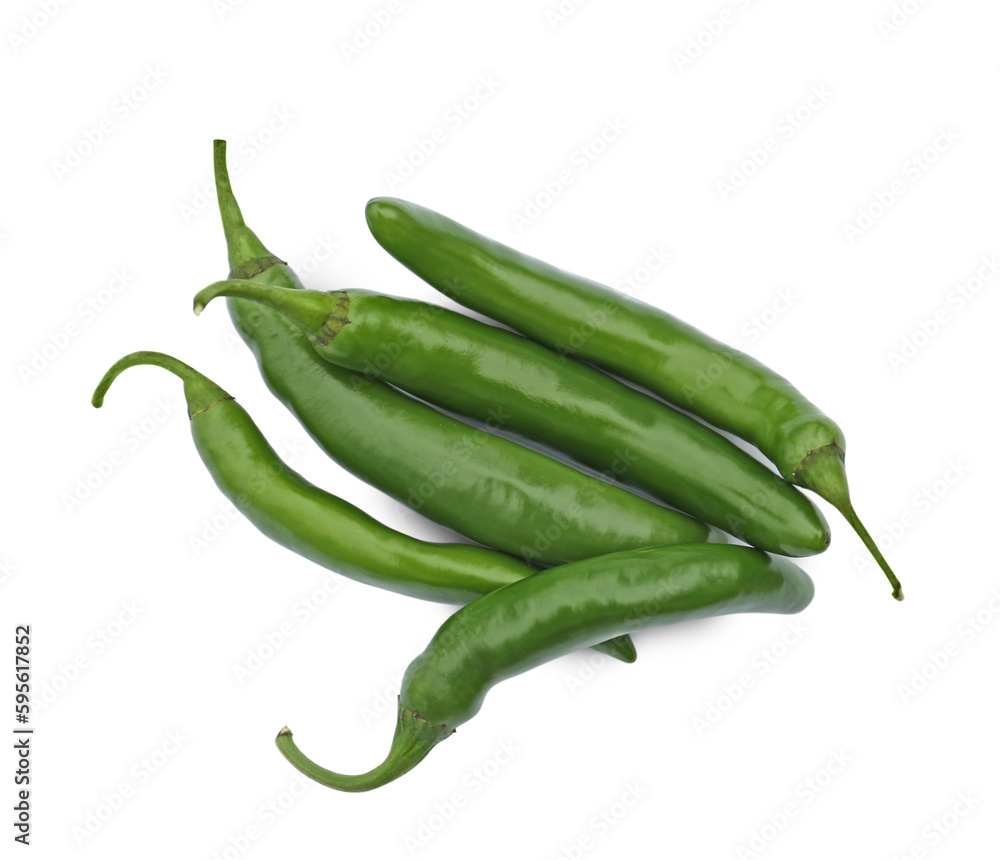 Green hot chili peppers on white background, top view Green hot chili peppers on white background, top view