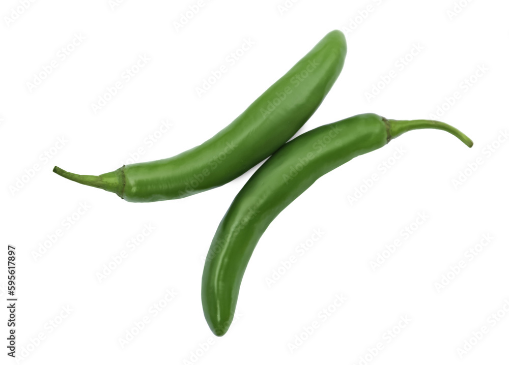 Green hot chili peppers on white background, top view Green hot chili peppers on white background, top view