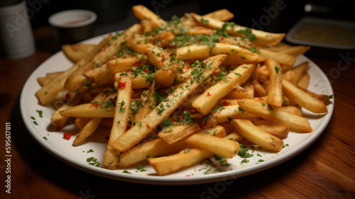 Wallpaper Mural French Fries with Salt and Chili Seasoning. Created using generative AI technology Torontodigital.ca