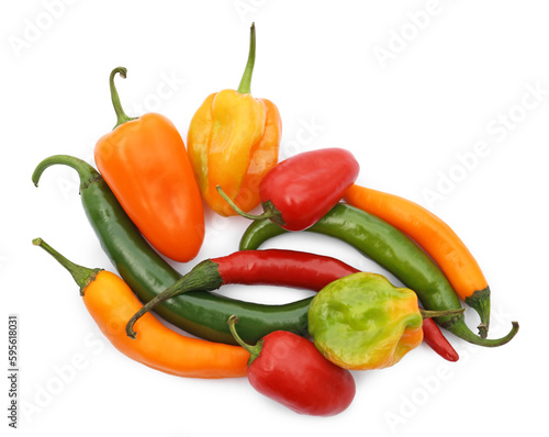 Different hot chili peppers isolated on white, top view