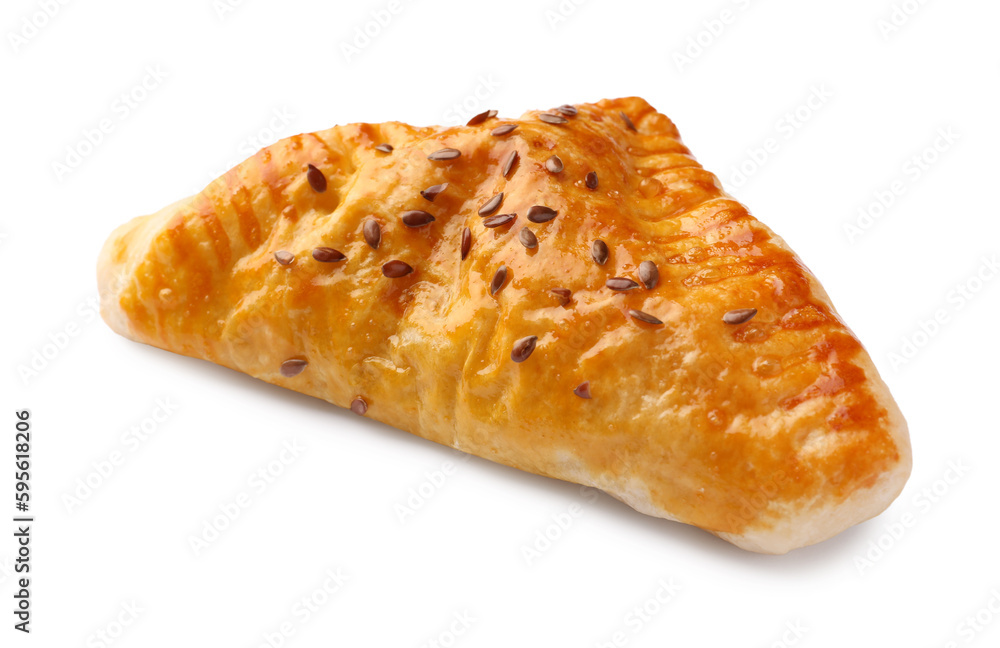 Fresh delicious puff pastry with cheese on white background