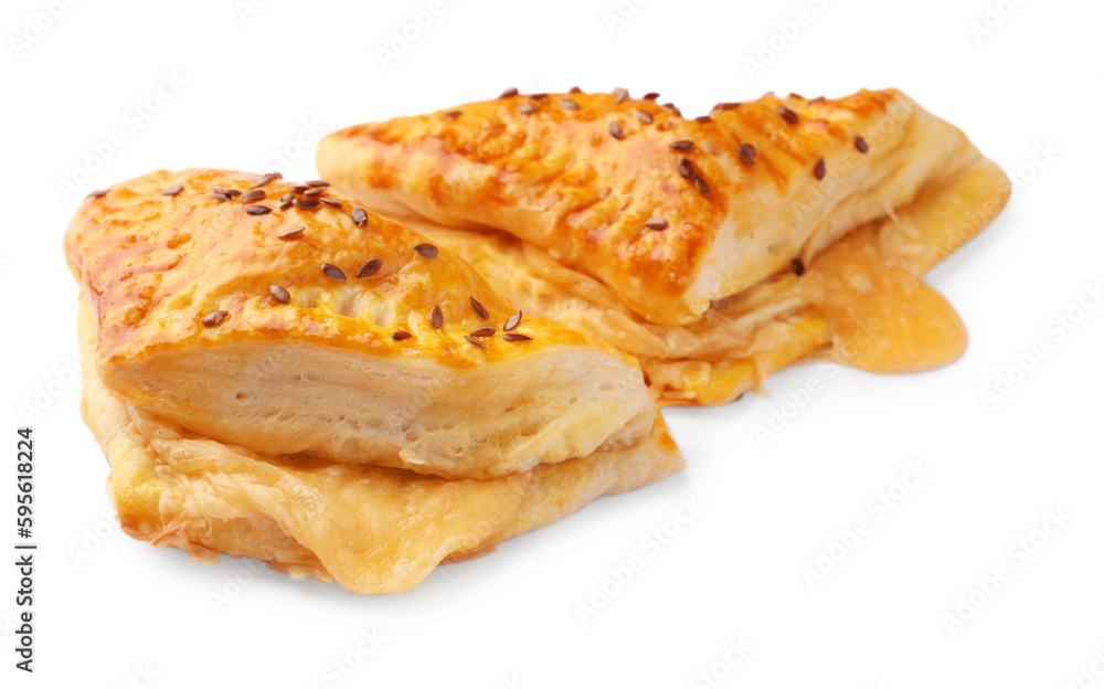 Fresh delicious puff pastry with cheese on white background, closeup Fresh delicious puff pastry with cheese on white background, closeup