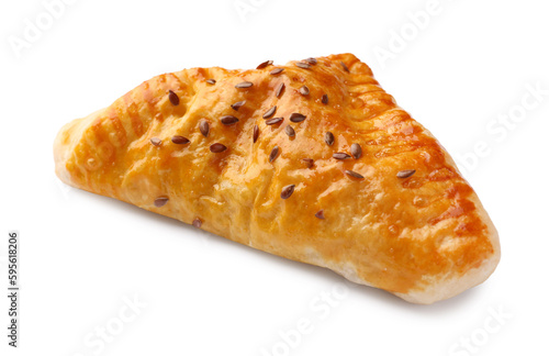 Fresh delicious puff pastry with cheese on white background