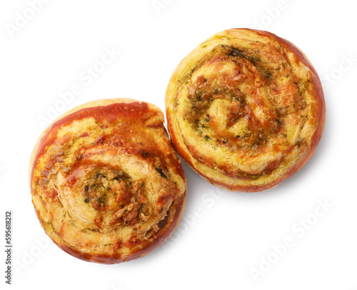 Fresh delicious puff pastry with tasty filling on white background, top view