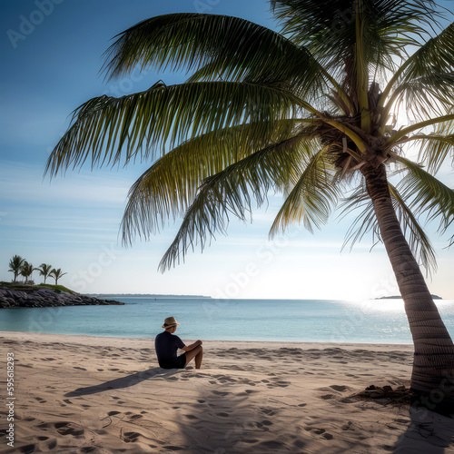 tourist relaxing on a sun-drenched beach, with crystal-clear waters and palm trees in the background, ai