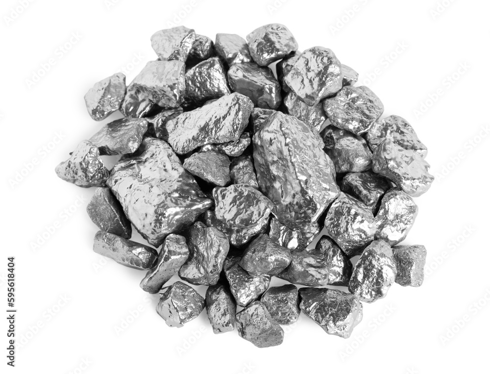 Pile of silver nuggets isolated on white, top view