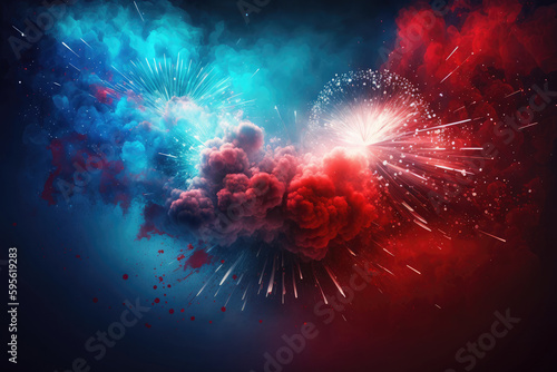 AI generated american flag colors form smoke explosion of cloudy firework at USA independence day photo