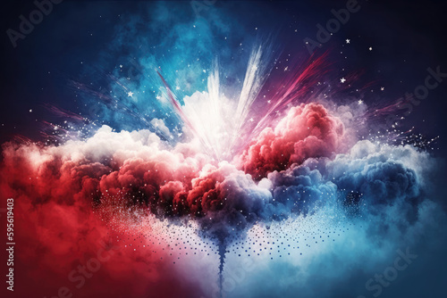 AI generated american flag colors form smoke explosion of cloudy firework at USA independence day