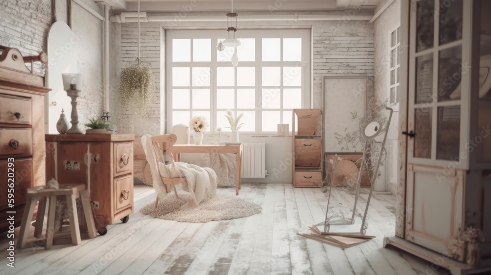 Fototapeta premium Shabby chic interior design room with beautiful lightning generative ai