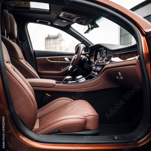 spacious interior and luxurious features of our new sedan, with a close-up shot of the leather seats and polished wood accents, ai