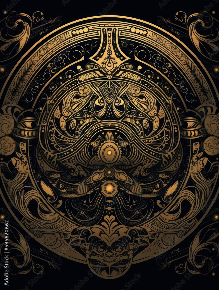 Golden decoration with ornate steampunk ornament on black background, metallic floral ornaments. Generative AI