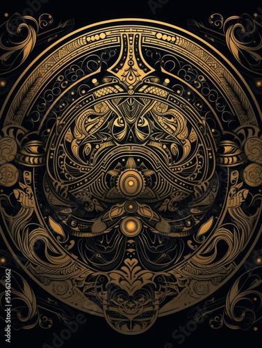 Golden decoration with ornate steampunk ornament on black background, metallic floral ornaments. Generative AI